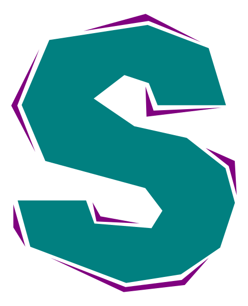 The image shows a stylized letter "S" with an abstract design inside it against a dark background.
