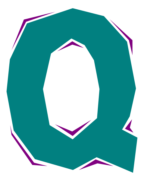 The image shows a stylized letter "Q" with an abstract design around it against a dark background.