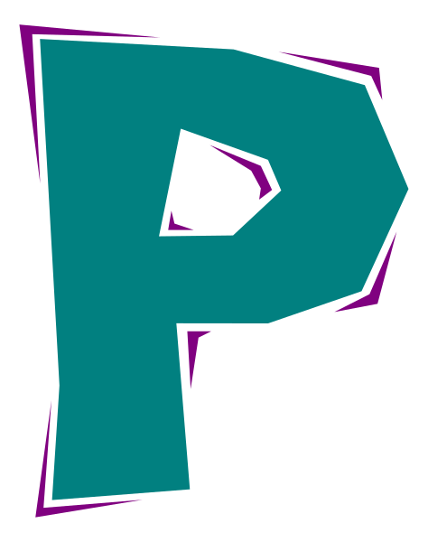 The letter "P" with a purple background on top of another colorful graphic element that resembles an abstract design in shades of blue-green to teal.