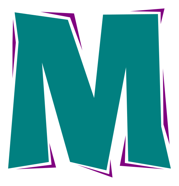 The image shows a stylized letter "M" with an abstract design around it against a dark background.