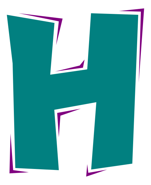 The letter "H" with a stylized design resembling graffiti is shown against a dark background.