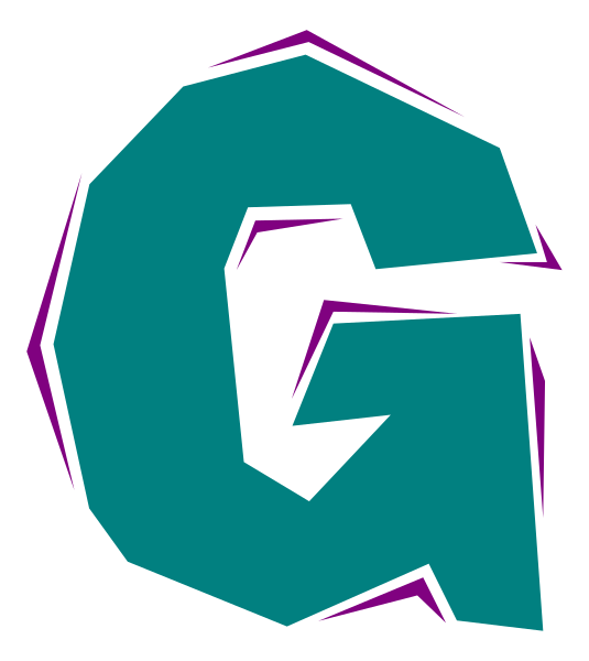 The letter "G" with a purple outline on it against a gray background.