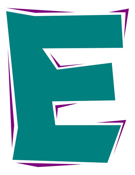 The image shows a stylized letter "E" with an abstract design around it on what appears to be a gray background.
