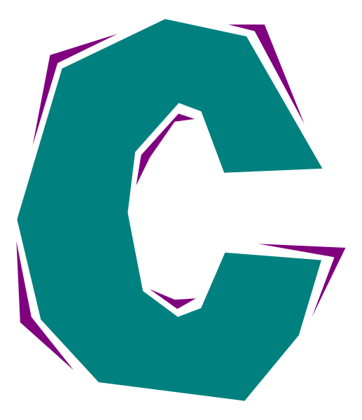 The image shows a stylized letter "C" with an abstract design inside it against a dark background.