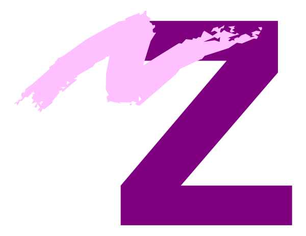 The image shows a logo with stylized lettering that reads "Z" on top of an abstract design resembling waves in shades of purple and pink against a dark background.