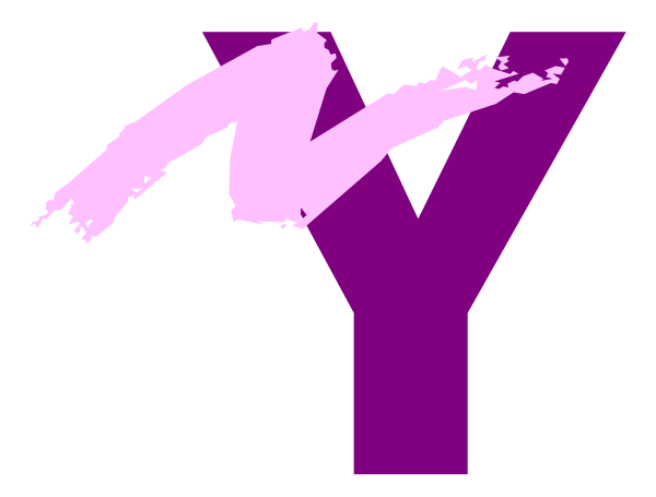 The image shows a purple logo with white text that reads "Y" on top of an abstract design resembling brush strokes in shades of pink and gray against a black background.