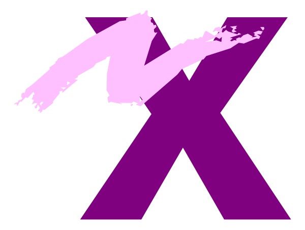 The image shows a purple "X" with graffiti on it against an indistinct background; there is no text present in this clip-art representation of XTZ (a cryptocurrency).