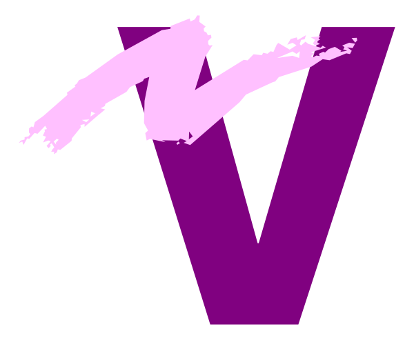 The image shows a purple "V" with graffiti text on it against a black background.
