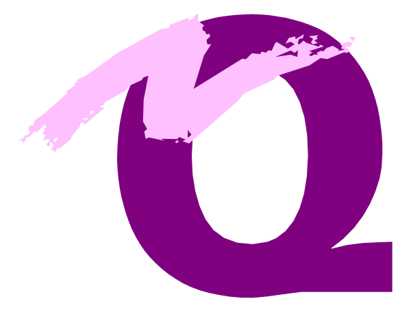 The image shows a purple Q with an abstract design on its right side resembling paint splatters against a white background.