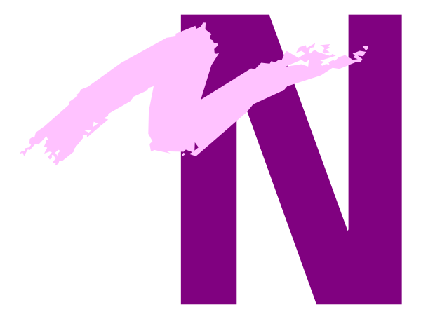 The image shows a logo with text that reads "N" on top of an abstract design resembling paint splatters in purple against a black background.