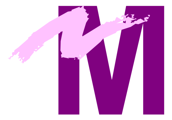 The image shows a logo with text that reads "M" on top of an abstract design resembling paint splatters in shades of purple and pink against a gray background.