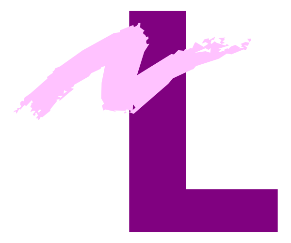 The image shows a purple letter "L" with an abstract design resembling paint splatters on its right side against a black background.