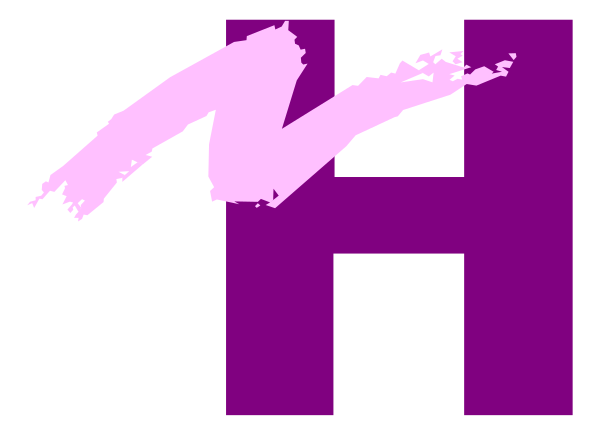 The image shows a purple letter "H" with an abstract design resembling paint splatters on its right side against a grey background.
