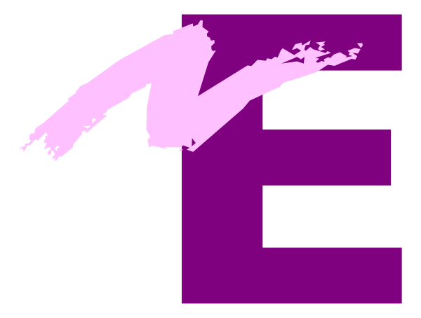 The image displays a purple letter "E" with an abstract design resembling paint splatters on its right side against a gray background.