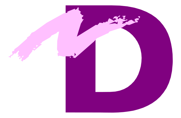 The image shows a purple letter "D" with an abstract design resembling paint splatters to its right side on top of what appears to be a gray background.