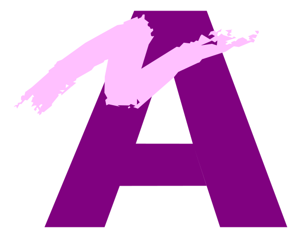 The image shows a purple letter 'A' with an abstract design resembling paint splatters to its right side on a white background.