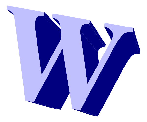 The image shows a stylized letter "W" with an abstract design behind it on what appears to be a dark background.