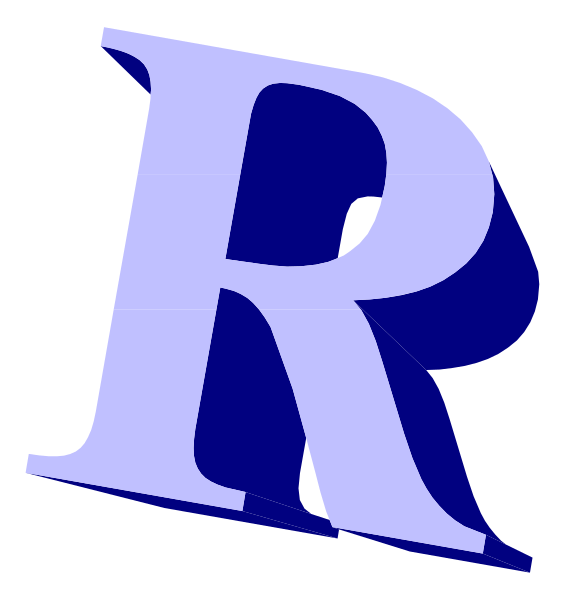 The letter "R" with a blue outline on top of it against white background.