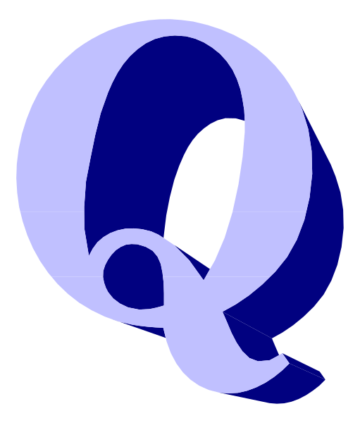 The image shows a stylized graphic of an "O" with two vertical lines through it resembling letters Q and E in blue color against a white background.