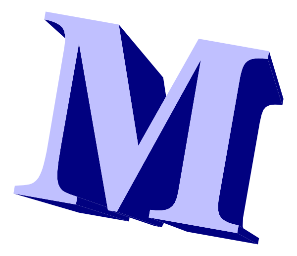 The letter "M" with a blue background on top of another layer that is white at first glance but appears to be gray when viewed from certain angles due to shading effects in clip-art form.