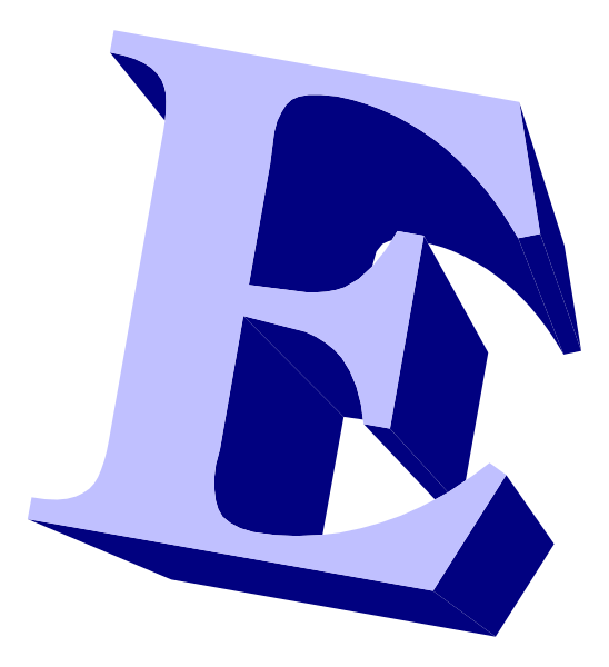 The image shows a stylized letter "E" with an arrow pointing to it from its right side against a black background on one half of the split screen, while in contrasting coloration (blue for E and white for everything else), there is no visible content or objects other than the blue outline.