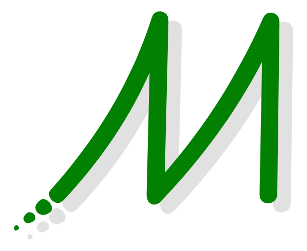 The image shows a logo with stylized text that reads "M" inside an abstract design resembling waves or lines in green on white background.