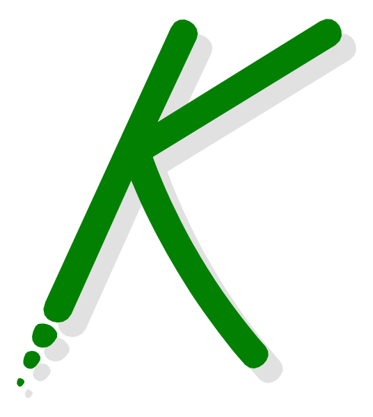 The logo consists of a stylized letter "K" with two dots above it forming an abstract design that could be interpreted as eyes looking upwards to the right side where there is another dot representing a nose, and below this arrangement lies what appears to be a mouth or smile line composed of three small circles.