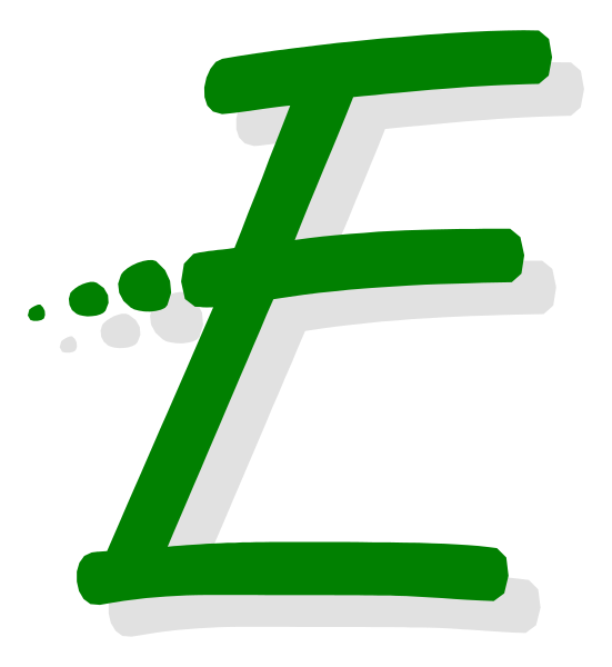 The image shows a logo with stylized lettering that reads "E" on top of an abstract design resembling two overlapping circles in green color against a white background.