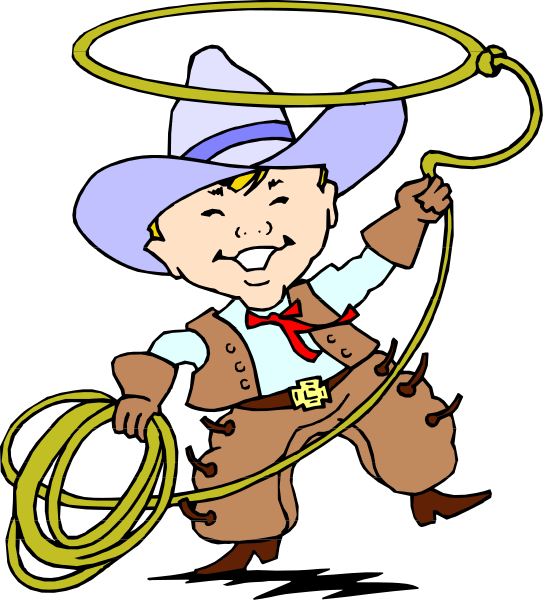 The cartoon depicts a young boy dressed as an old western cowboy holding two lassos with his hands crossed in front of him while standing on one leg atop another; he is wearing chaps, boots and has a wide-brimmed hat adorned with flowers around the band.
