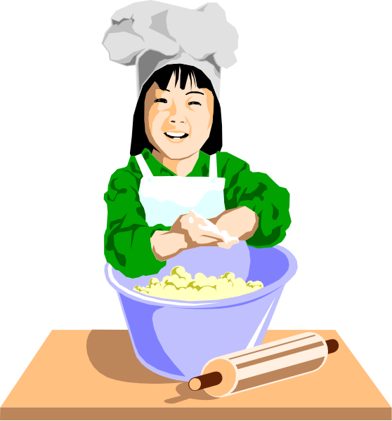 The illustration shows a cartoon of an Asian woman wearing chef attire preparing food inside what appears to be a kitchen with various cooking utensils visible around her; she is smiling as if enjoying herself while working, and there's another image on right side showing same scene but without the person.