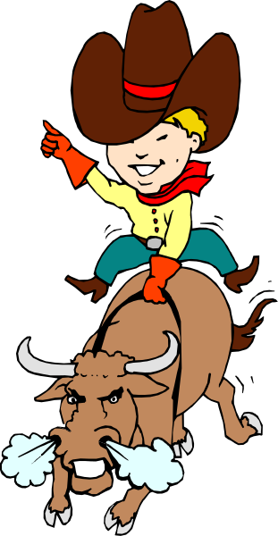 The image shows a cartoon of an animated cowboy riding on top of two bulls with horns while pointing to something in front of him.