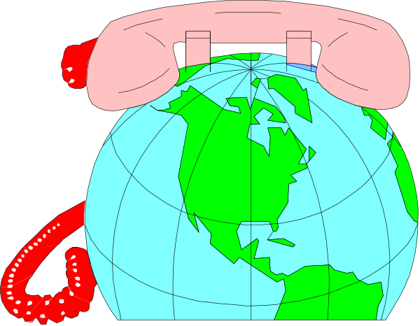 The image shows a cartoon depiction of an old rotary phone with its receiver lifted up to show Earth on it as if viewed from space through the earpiece.