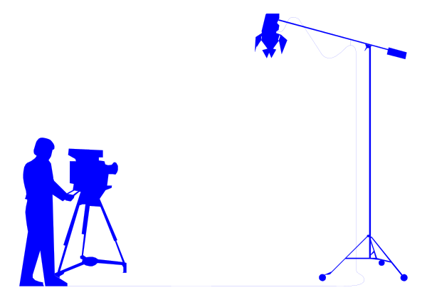 The image shows a black background with silhouettes of two figures standing behind camera equipment; there is also an outline drawing of a person holding a video camera on tripods in front of them.