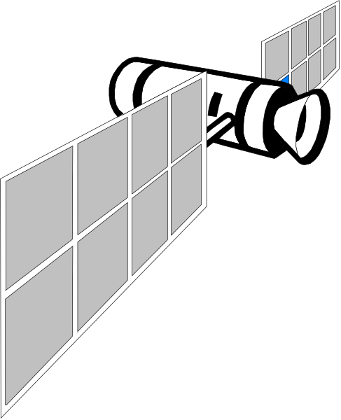 The black and white illustration shows a satellite dish with multiple panels on its surface against an outer space background featuring stars.