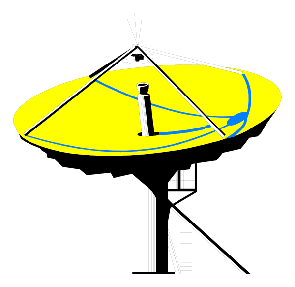 The black background features a yellow satellite dish with an antenna pointing upwards to the right side of the frame.