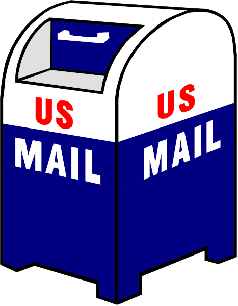 The image shows a mailbox with "US MAIL" written on it next to an American flag designation for United States Postal Service (UPS).