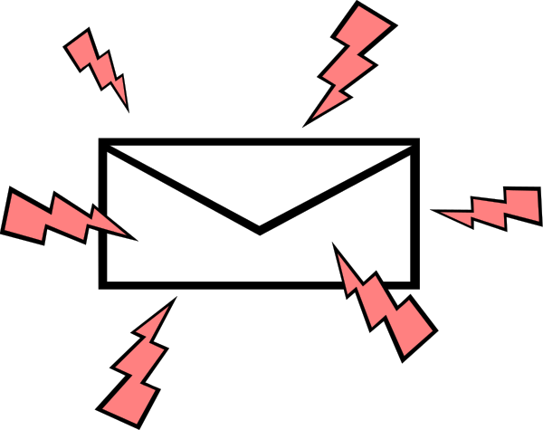 The image shows a white envelope with an exclamation point on it being hit by pink lightning bolts that create small explosions around them in what appears to be a digital interface background.