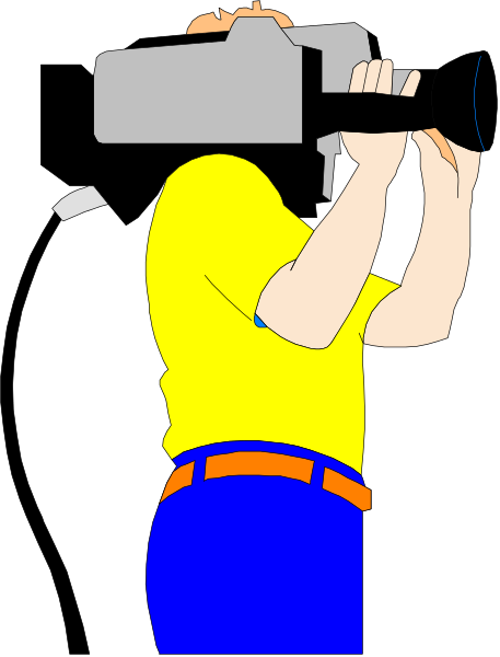 The image shows a person holding an object that resembles a camera with their back to us while standing against what appears to be a black background; there is no text present in this clip-art illustration, and it does not depict any actions being performed by people or animals within the frame.