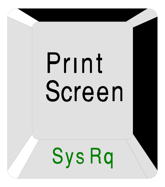 The image shows a computer monitor displaying an open print screen with text that reads "Print Screen" at its top center position on a black background. Below this title is another line of white text which says "SYS RQ." To the right side, there's a green checkmark icon and to the left, two small icons resembling computer speakers or headphones in gray coloring with one being slightly larger than the other. The overall style appears digital due to its representation on what seems like an electronic device screen. There are no people, animals, actions, settings, objects,