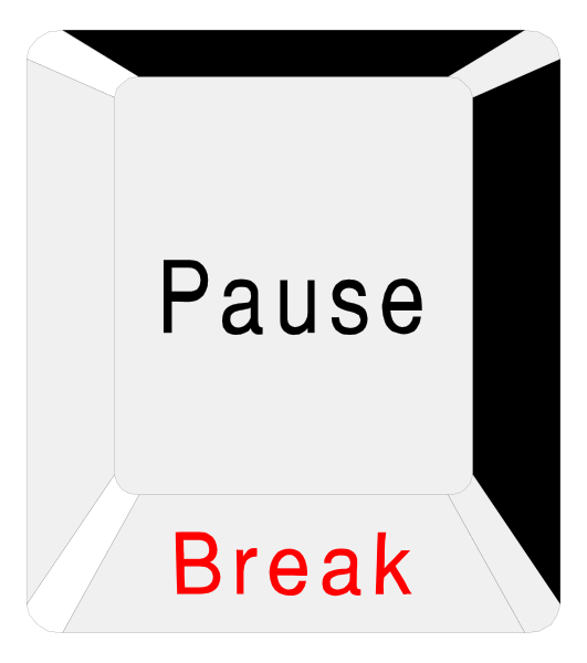The image shows a computer mouse with an icon of a pause button on it labeled "pause" next to text that reads "break."