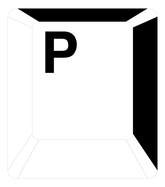 The image shows a black and white icon of an open cardboard box with a letter 'P' on it against a dark background.
