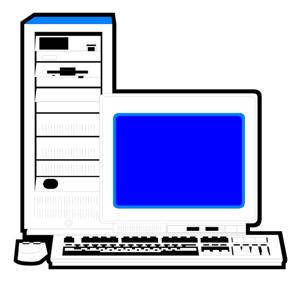 The image shows a desktop computer setup with an open monitor displaying nothing on its screen, placed next to another closed monitor that is turned off; both monitors have blue borders around them.