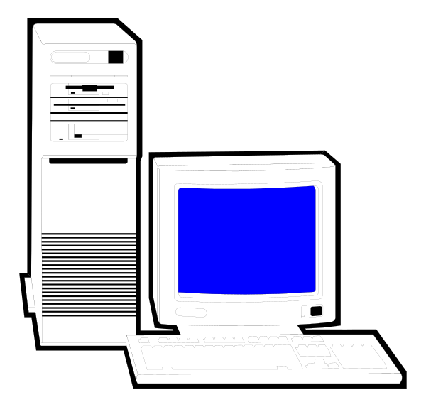 The black and white illustration shows a desktop computer with its monitor displaying blue screen of death (BSOD), accompanied by an older model CPU unit on top of it to the left side in front view; both items sit against dark background, suggesting technical theme or setting related to IT support or troubleshooting.