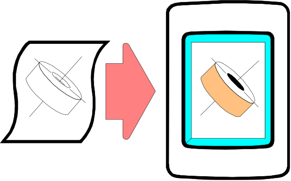 The image shows a sequence of three pictures with arrows pointing to each other: 1) A roll of paper on top; 2) Paper in an open booklet below it; 3) An empty computer monitor next to two rolls, one orange and one white, indicating the transformation process. There is no text or additional context provided within this image. The style appears cartoonish with simple line drawings representing objects rather than realistic depictions.
