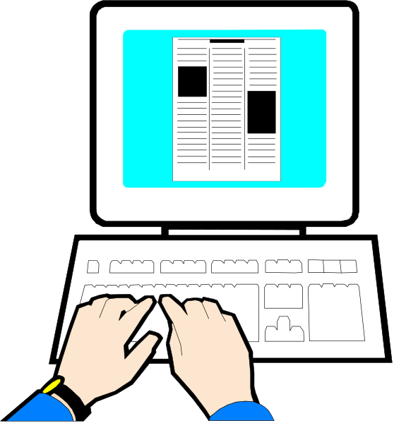 The illustration shows a person's hands typing on an open laptop computer with a newspaper displayed on its screen against a dark background.