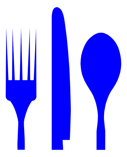 The image shows a blue fork to its left of an empty plate with no food on it; next is a knife that appears sharp-edged but without any handle visible in front of them both lies a spoon, also appearing pointy and metallic looking like kitchen utensils against a dark background.