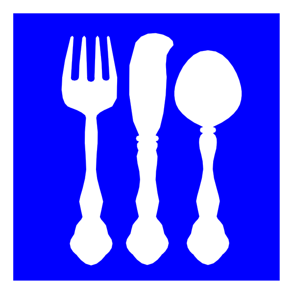 The image shows a blue square with white silhouettes of three utensils: fork on left, knife in middle, spoon to right; all against plain background.