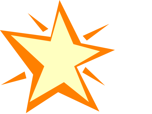 The image shows a bright orange starburst graphic with two smaller stars on either side of it against an otherwise dark background.