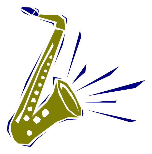 The image shows a saxophone with music notes coming out of it against a black background.