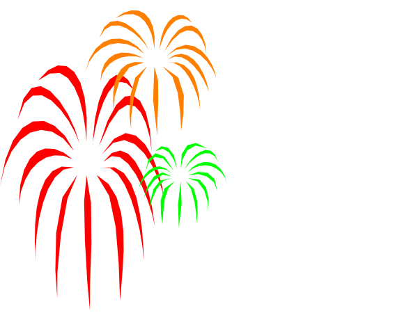 The image shows a black background with four fireworks of different sizes: two large ones on either side at top left and right corners in red, green, blue, white; one medium-sized orange explosion centered below them; and another small pink sparkle near bottom center.